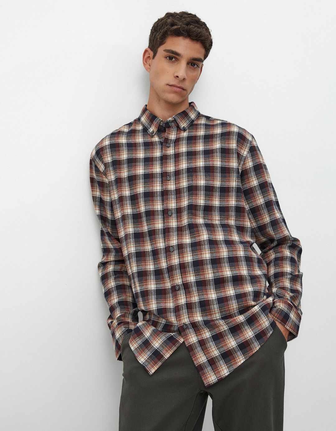 Camisa de Manga Comprida Xadrez Flanela, Homem, Bege Escuro