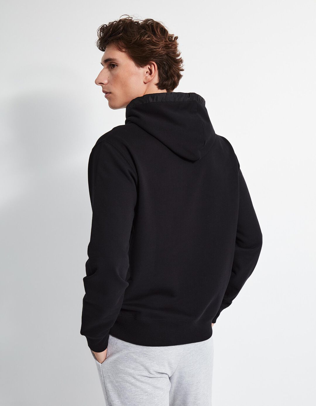 Sweatshirt de Felpa Detalhes Nylon Capuz, Homem,Preto