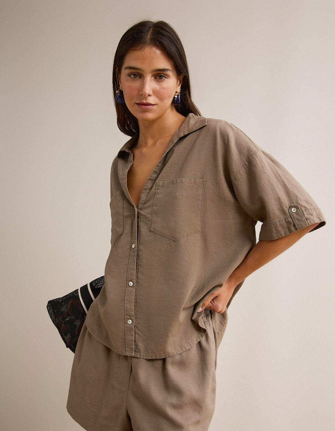 Blusa com linho, Mulher, Bege Escuro