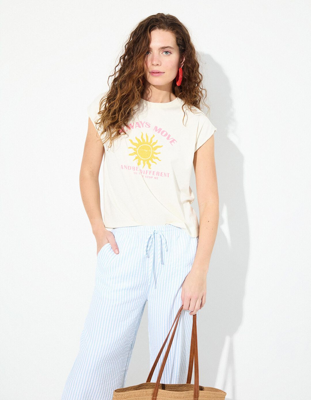 T-shirt Print sem Mangas, Mulher, Bege Claro 