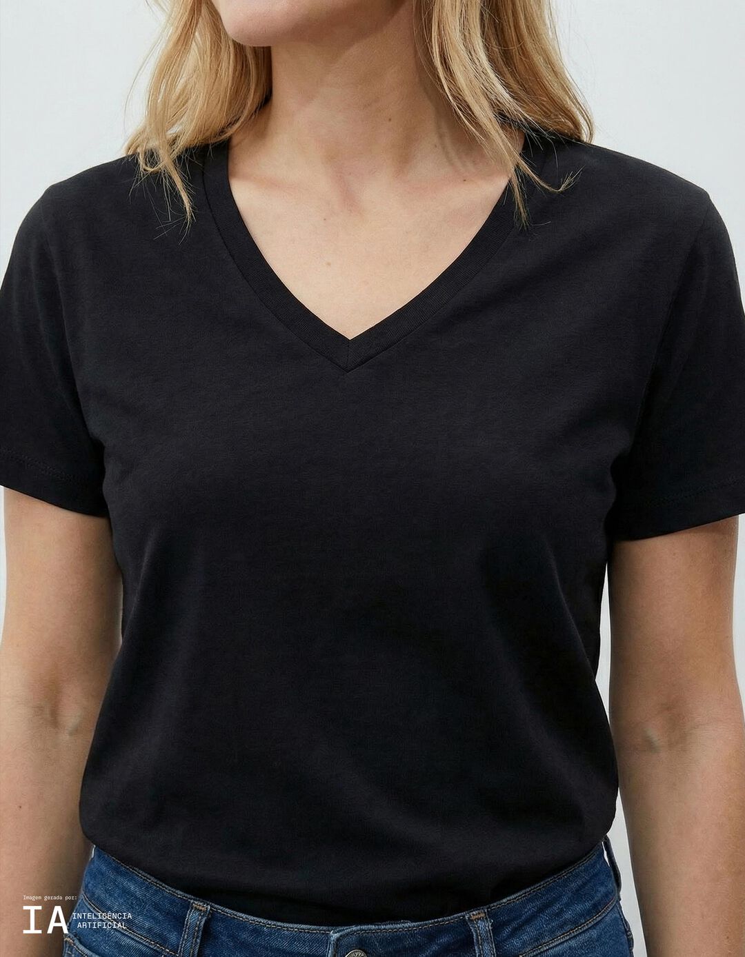 T-shirt Decote em V, Mulher, Preto