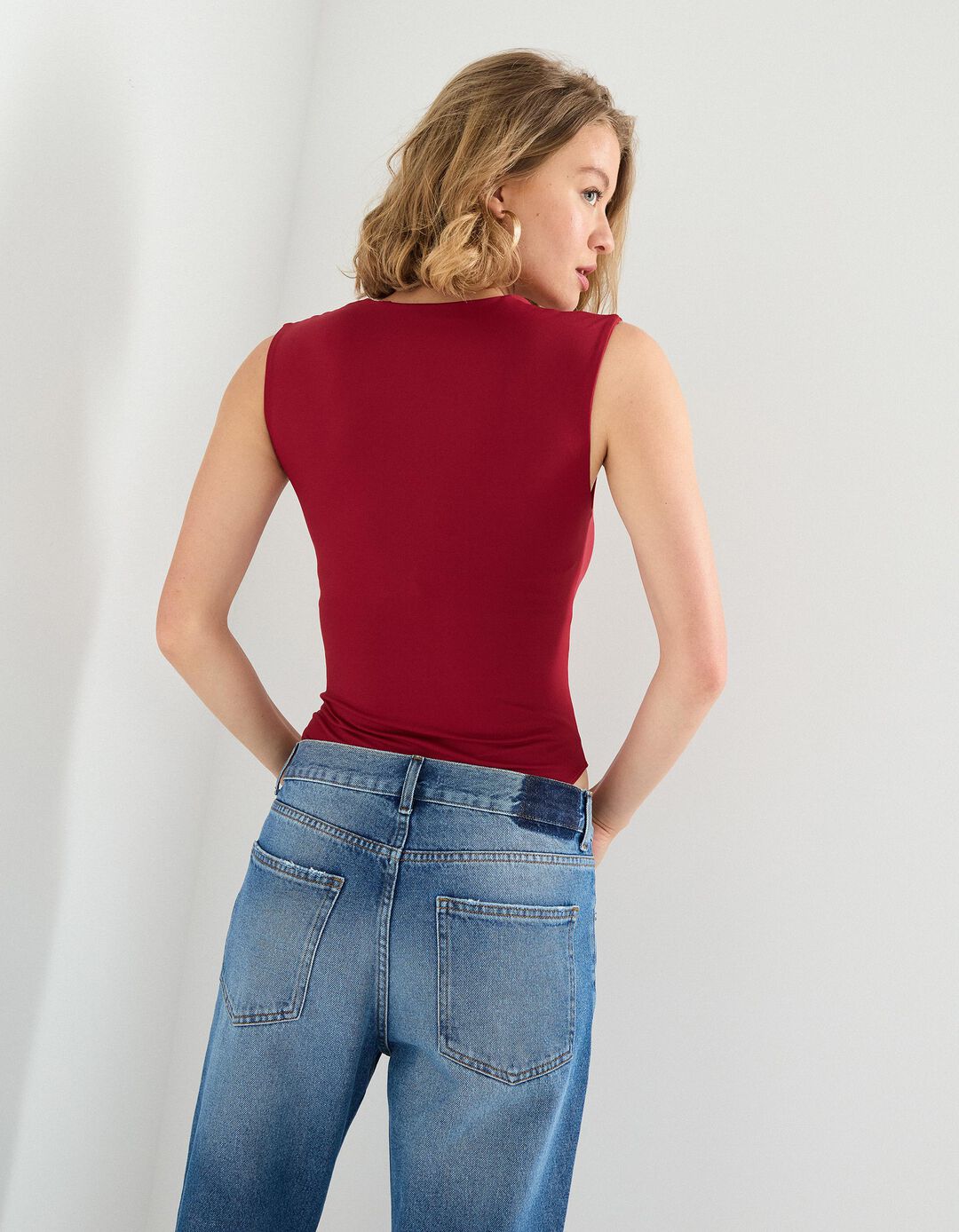 Body com Decote Quadrado, Mulher, Vermelho Escuro