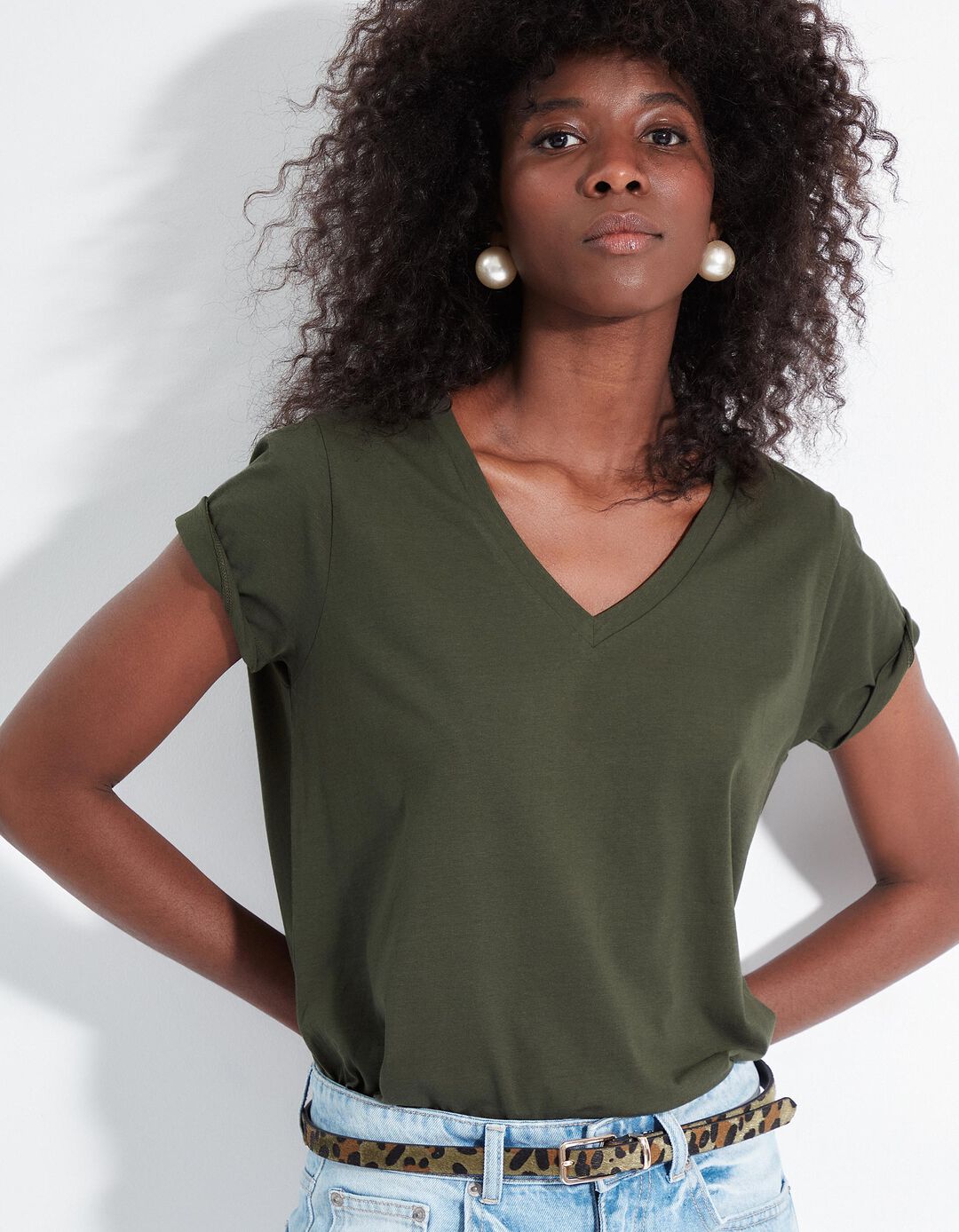 T-shirt Decote em V, Mulher, Verde Escuro
