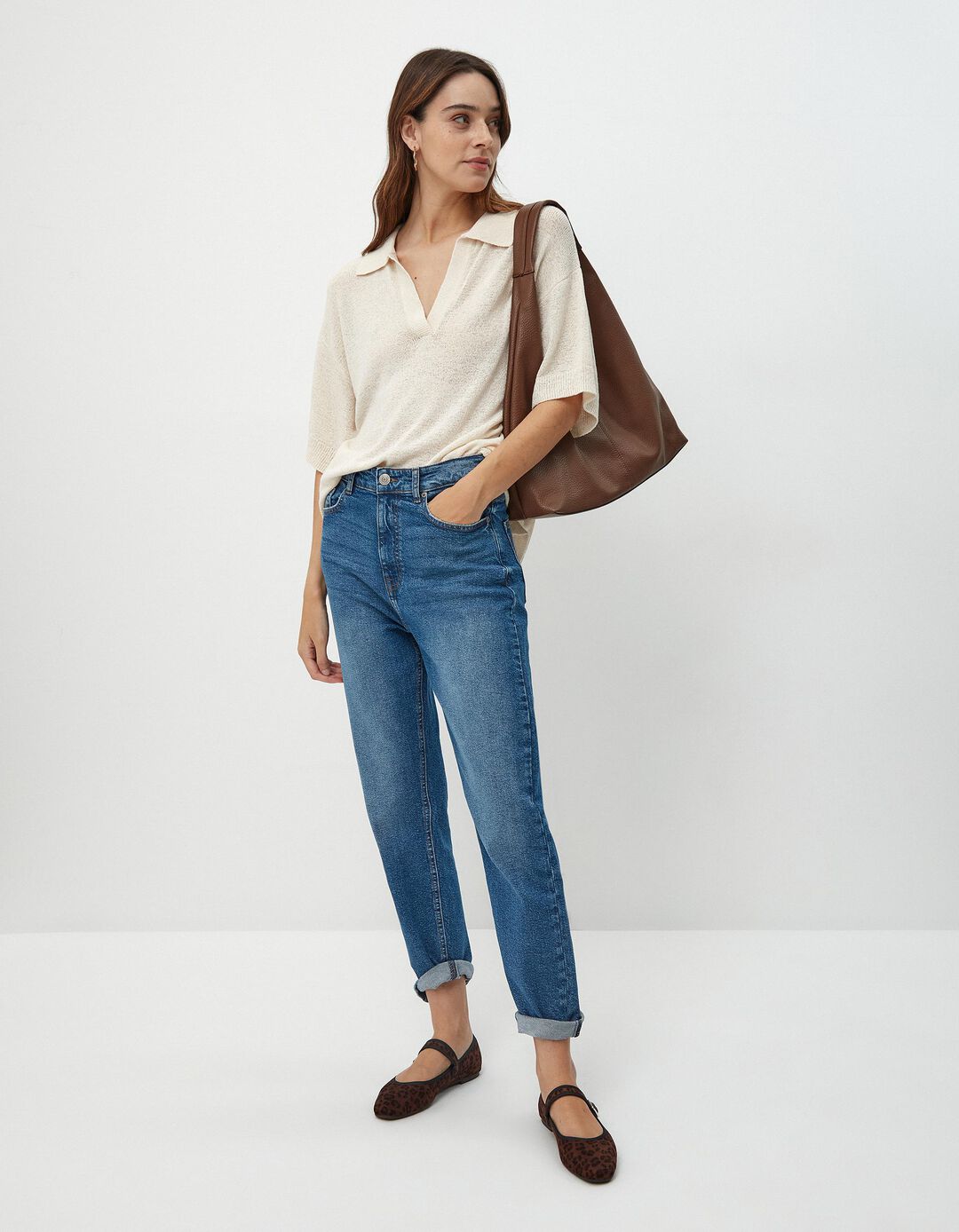 Calças de Ganga 'Tapered Mom Fit', Mulher, Azul
