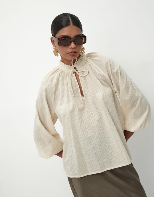 Comprar Online Blusa Rústica de Manga Comprida, Mulher, Bege