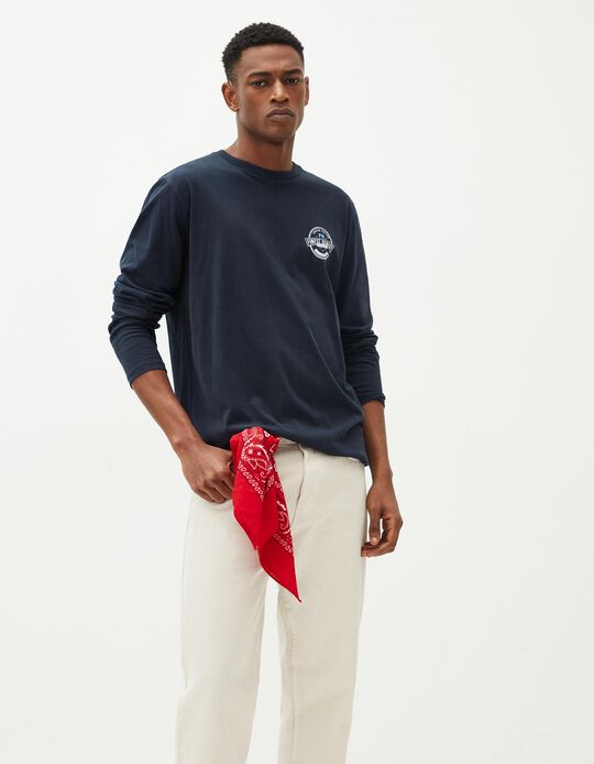 Comprar Online T-shirt de Manga Comprida Estampado, Homem, Azul Escuro