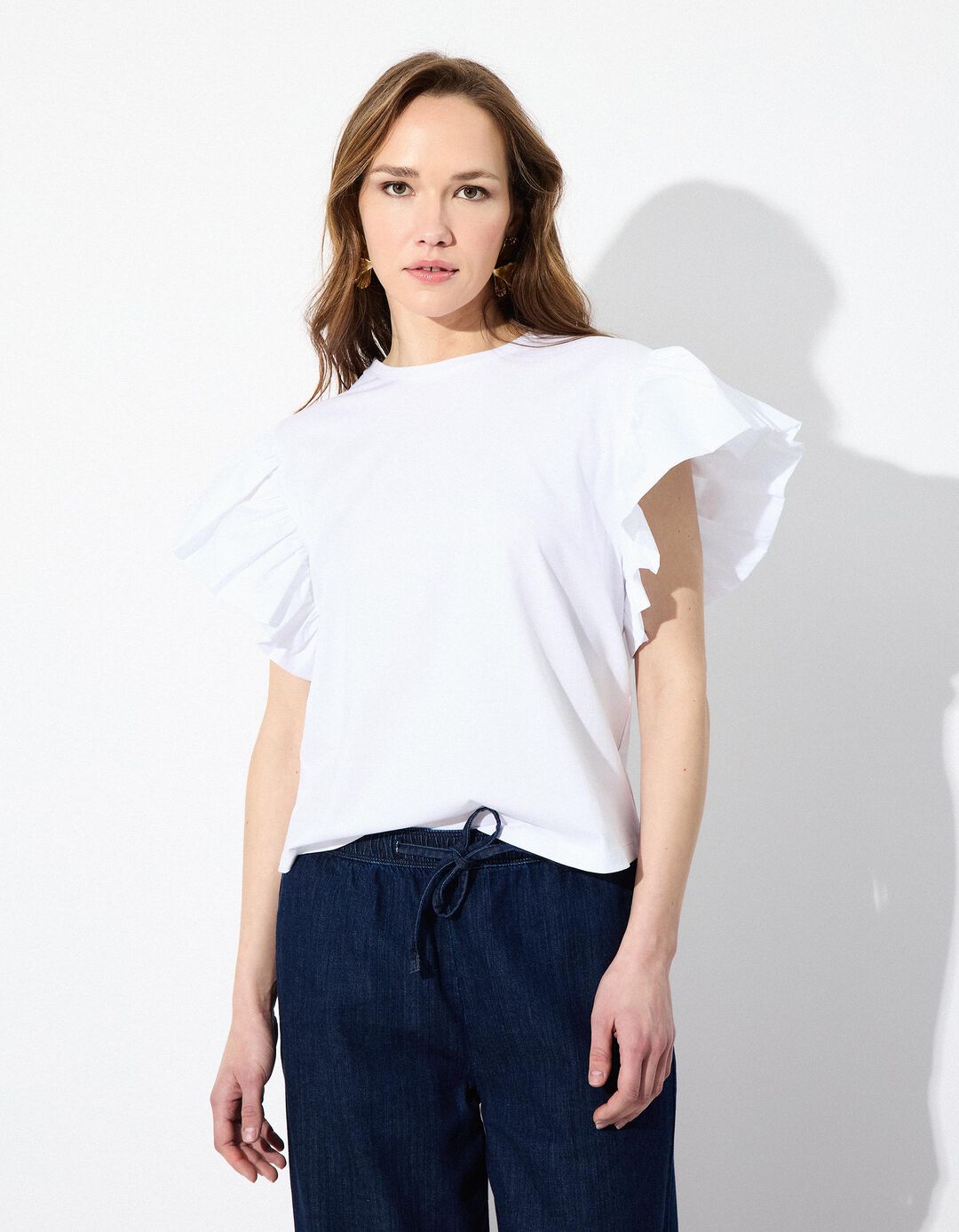 T-shirt com Mangas de Folhos, Mulher, Branco 