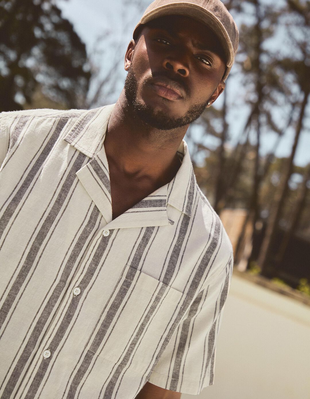 Camisa de Riscas com Linho, Homem, Azul Escuro