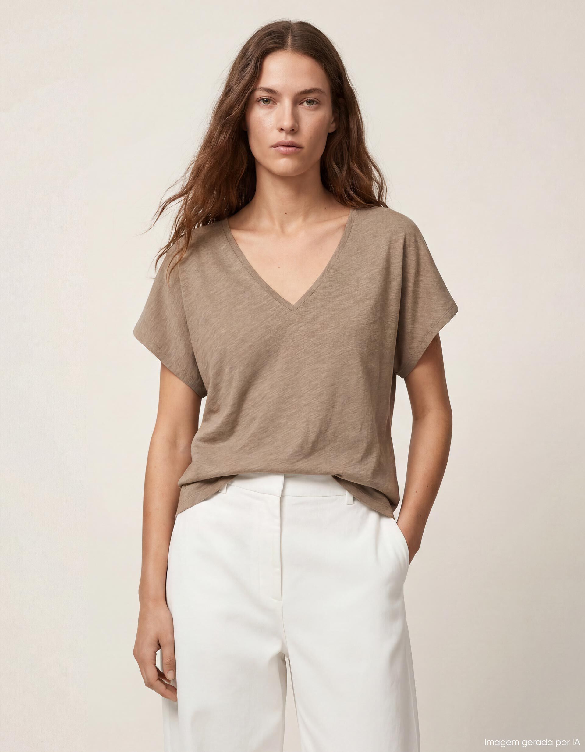 Comprar Online T-shirt Decote em V, Mulher, Bege Escuro