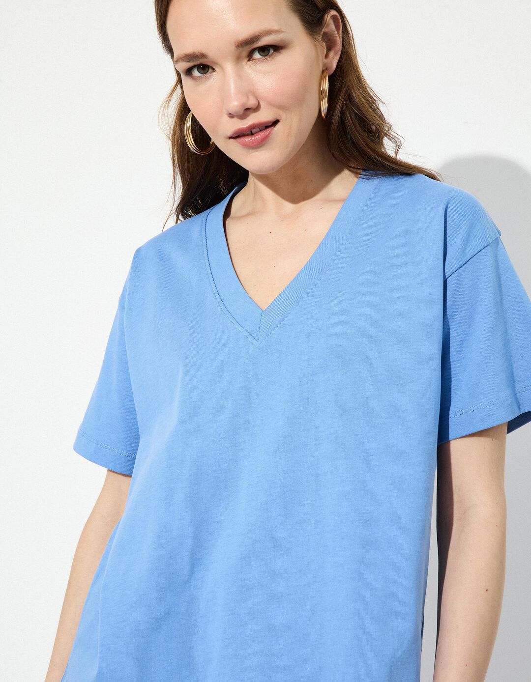 T-shirt Decote em V, Mulher, Azul