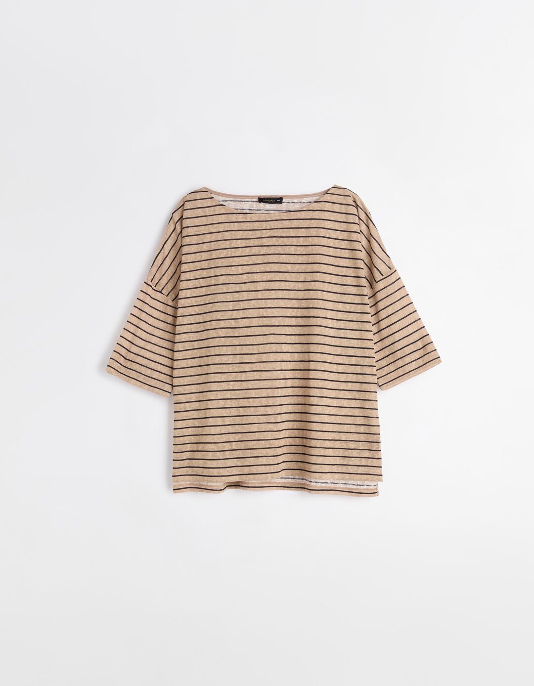 T-shirt Manga Comprida Riscas, Mulher, Bege 
