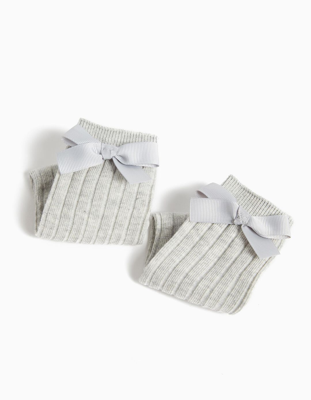 Pack 2 Pares de Meias Altas Caneladas Laço, Menina, Cinzento Claro