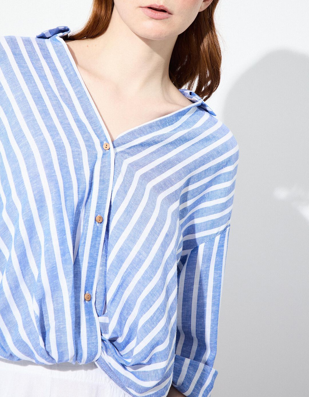 Blusa Riscas com Linho, Mulher, Azul