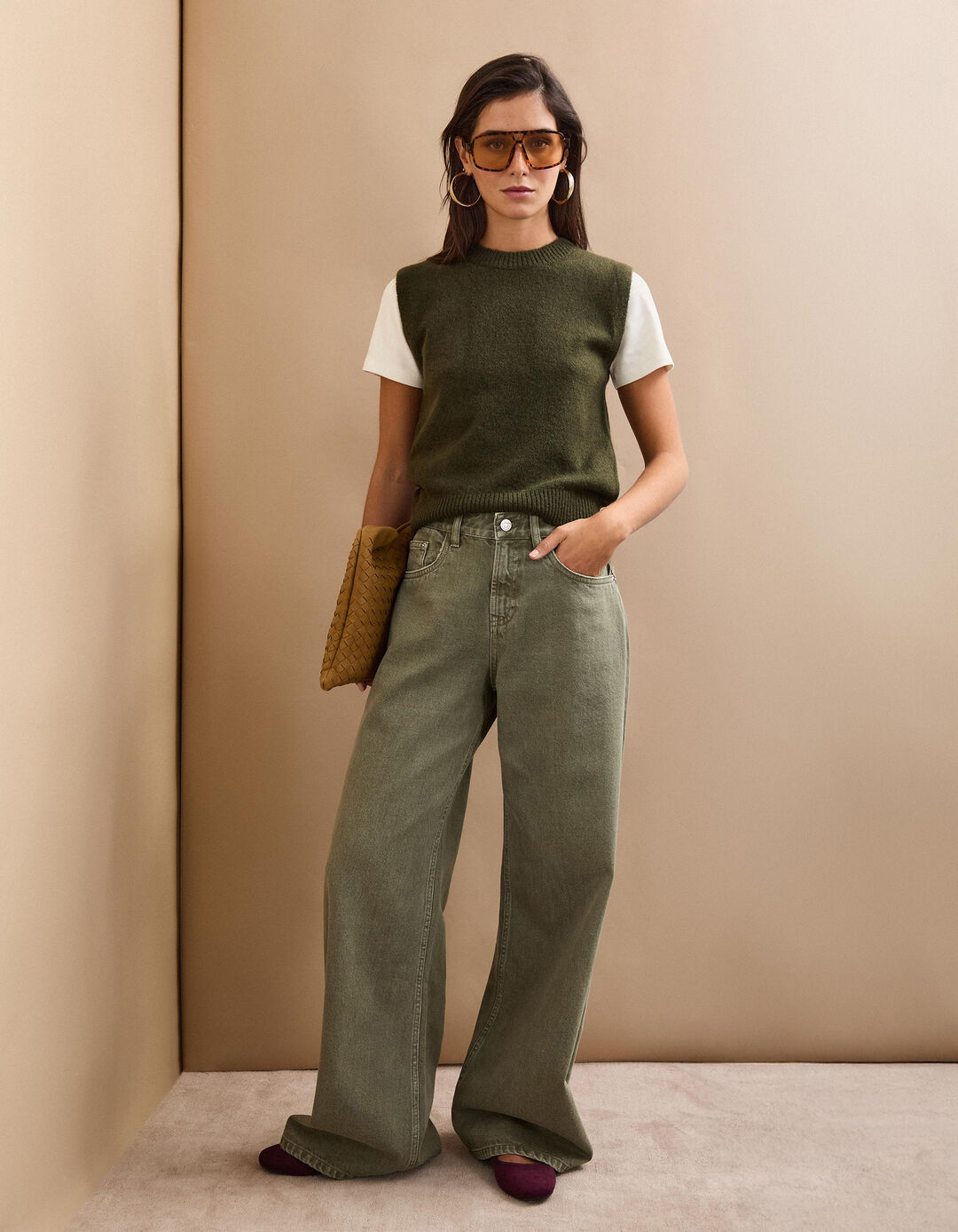 Calças de Ganga 'Straight Fit', Mulher, Verde Escuro