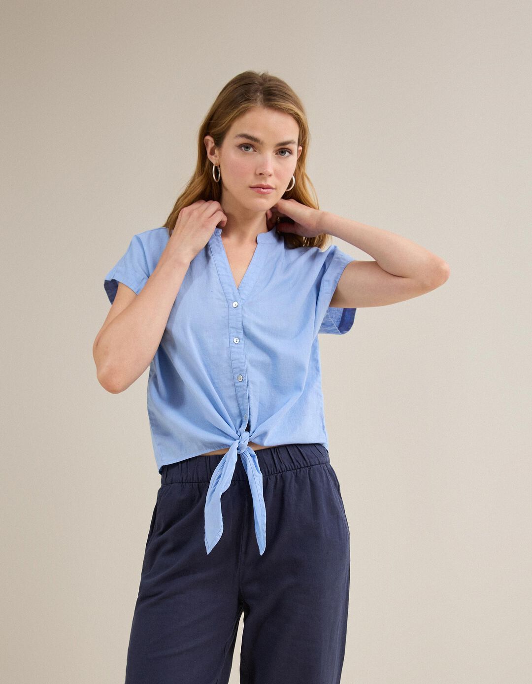 Blusa Com Linho, Mulher, Azul