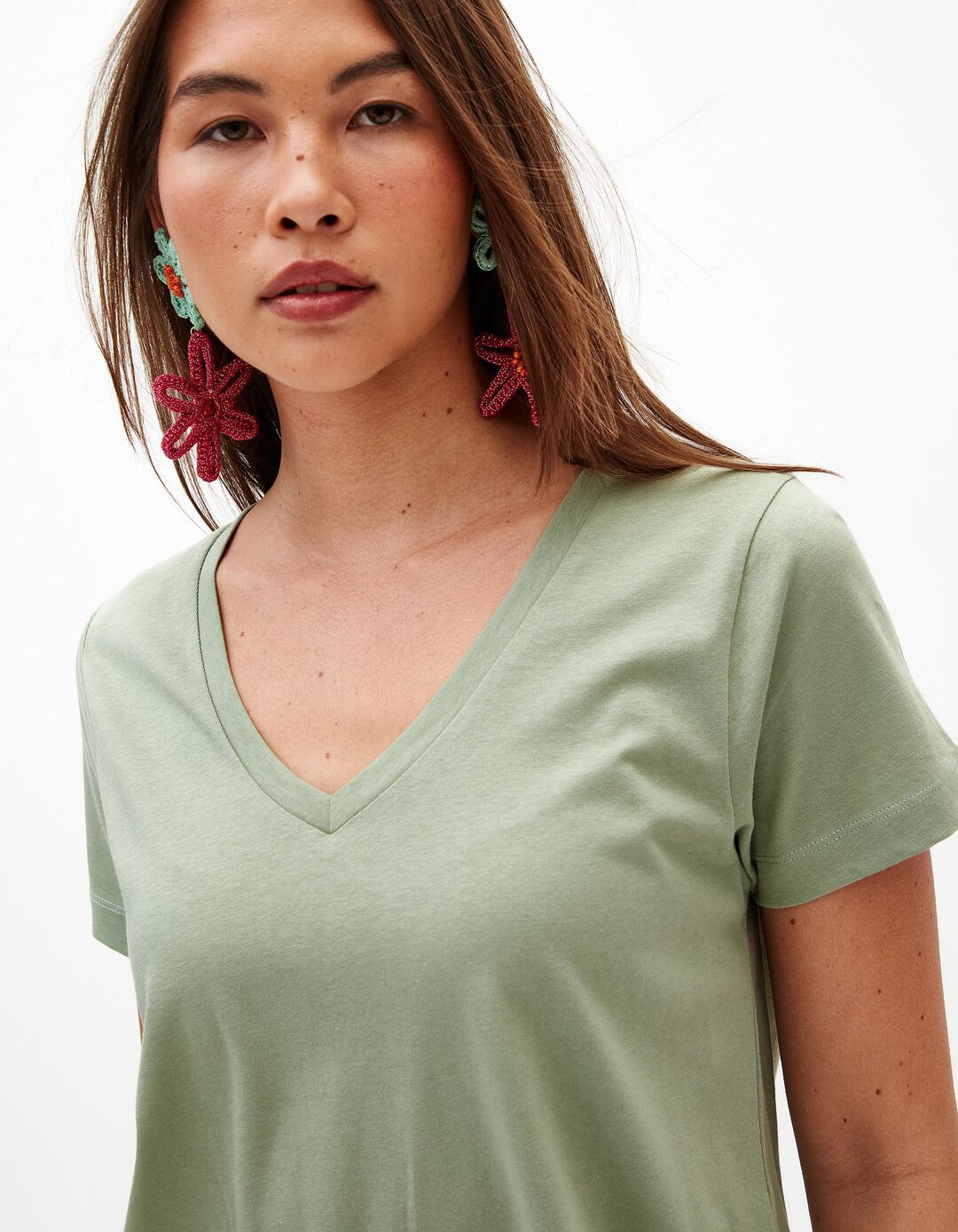 T-shirt Decote em V, Mulher, Verde Claro