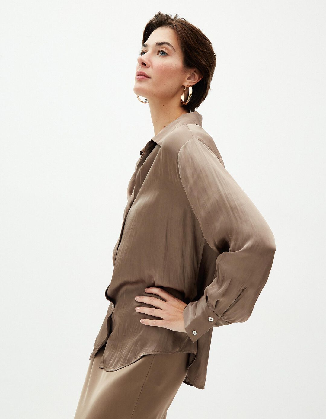 Camisa Acetinado, Mulher, Bege Escuro 