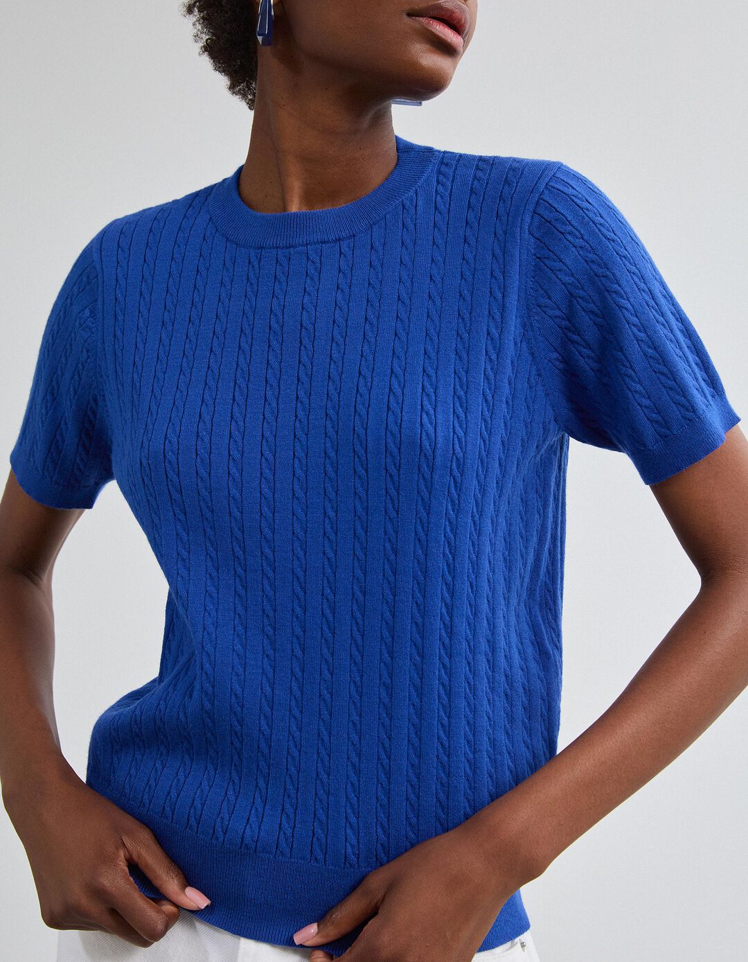 Camisola Tricotada Manga Curta, Mulher, Azul