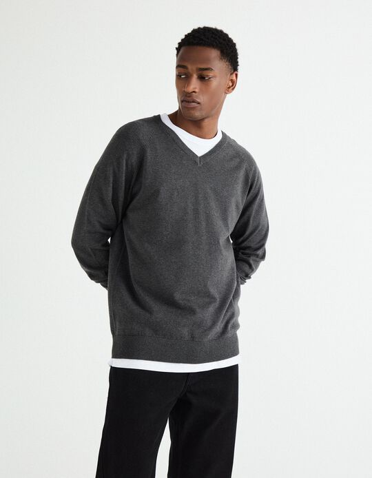 Comprar Online Camisola de Malha Decote em V, Homem, Cinzento Escuro