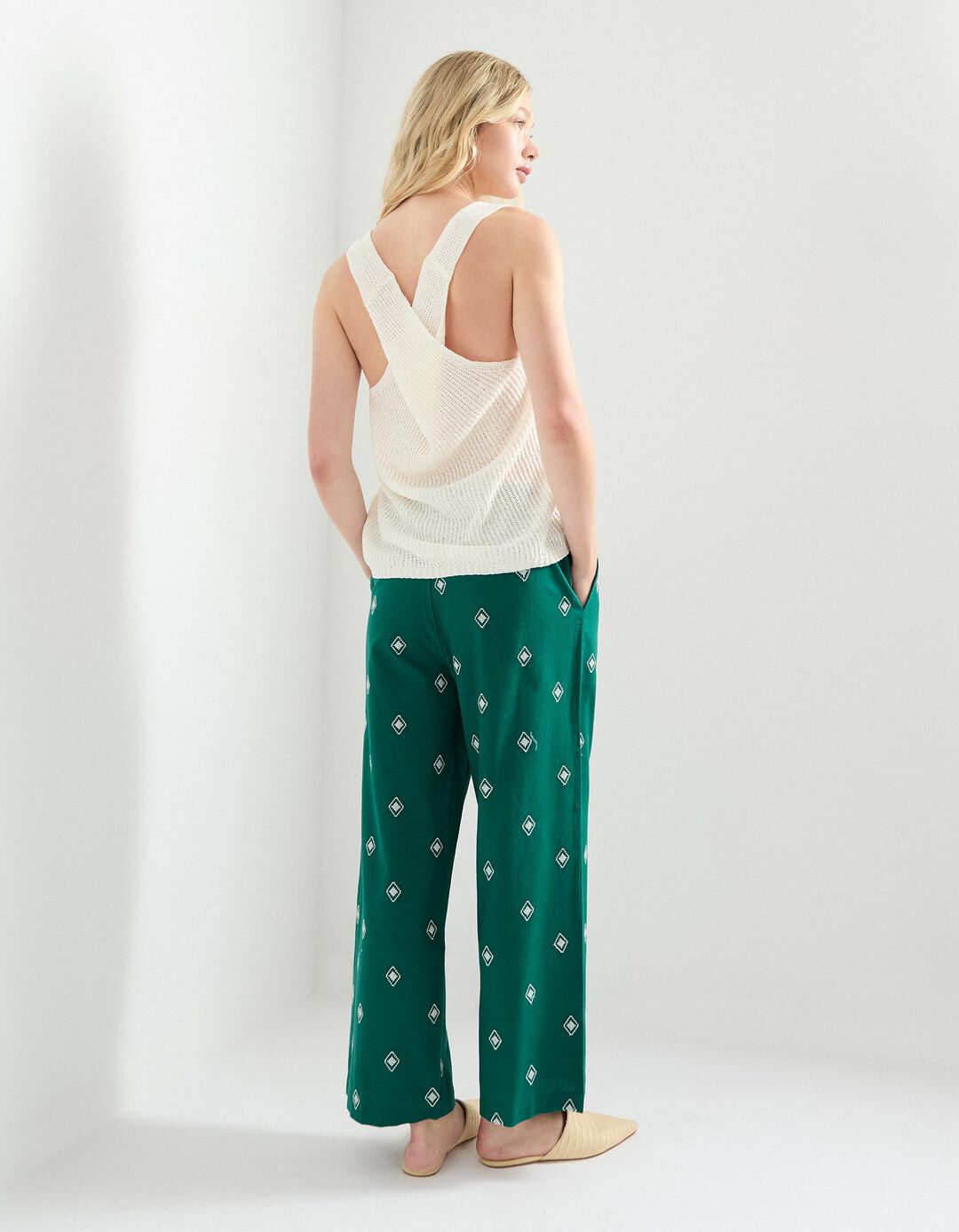 Calças Culotte com Linho, Mulher, Verde 