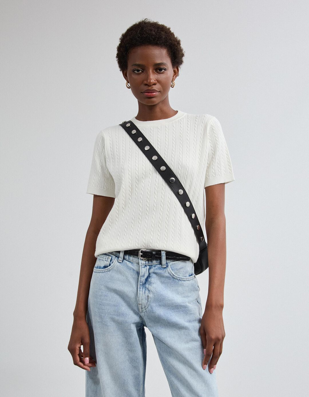 Camisola Tricotada Manga Curta, Mulher, Cru