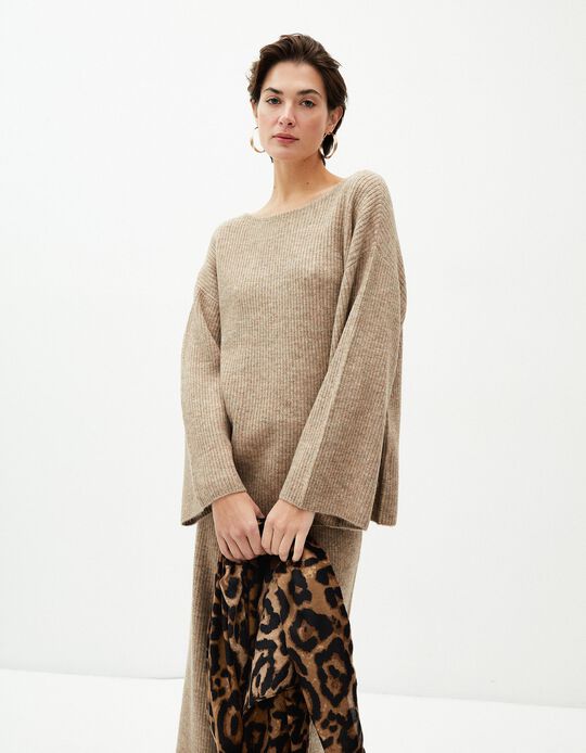 Comprar Online Camisola Malha Canelada, Mulher, Bege Escuro