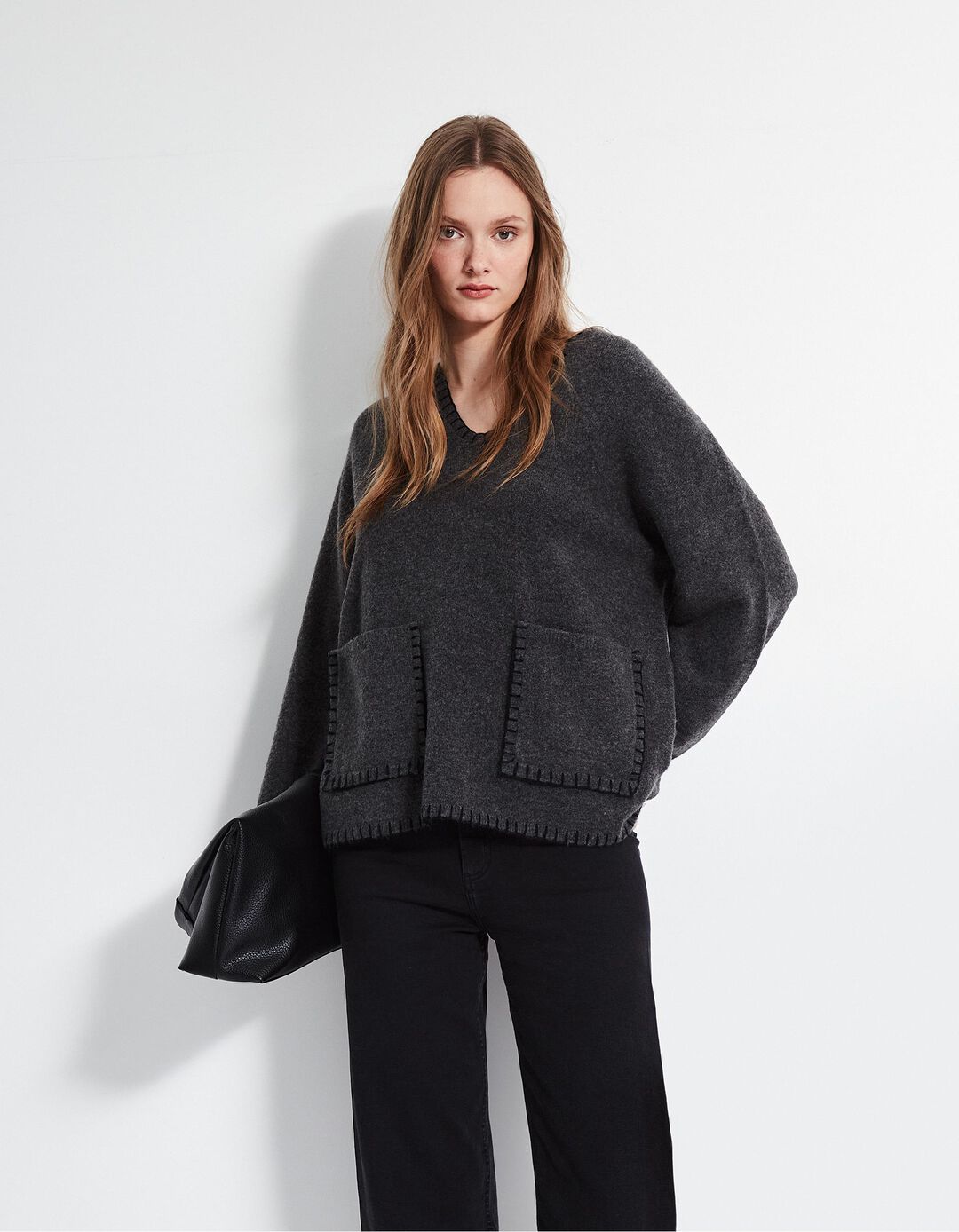Camisola de Malha Decote em V, Mulher, Cinzento Escuro