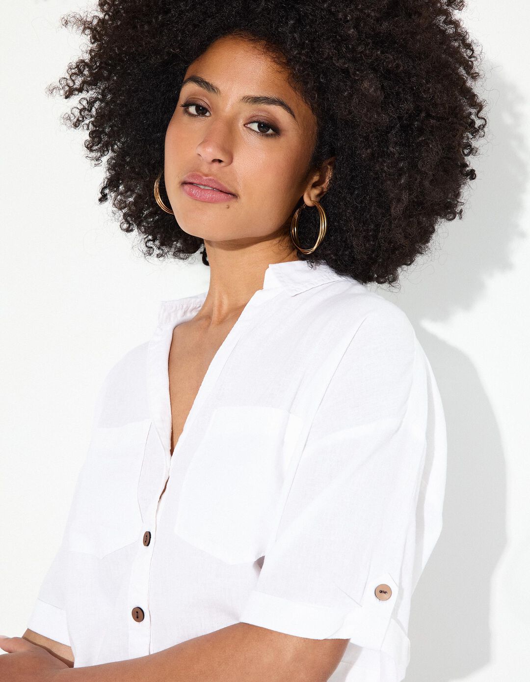 Camisa Curta com Linho, Mulher, Branco