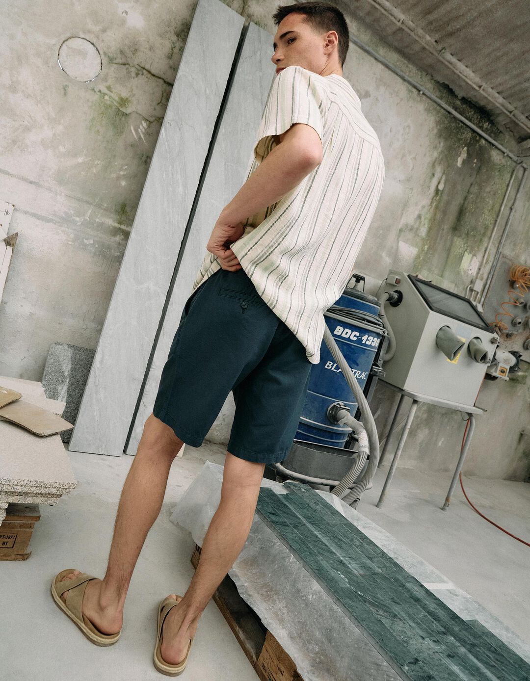 Calções com Linho, Homem, Azul Escuro