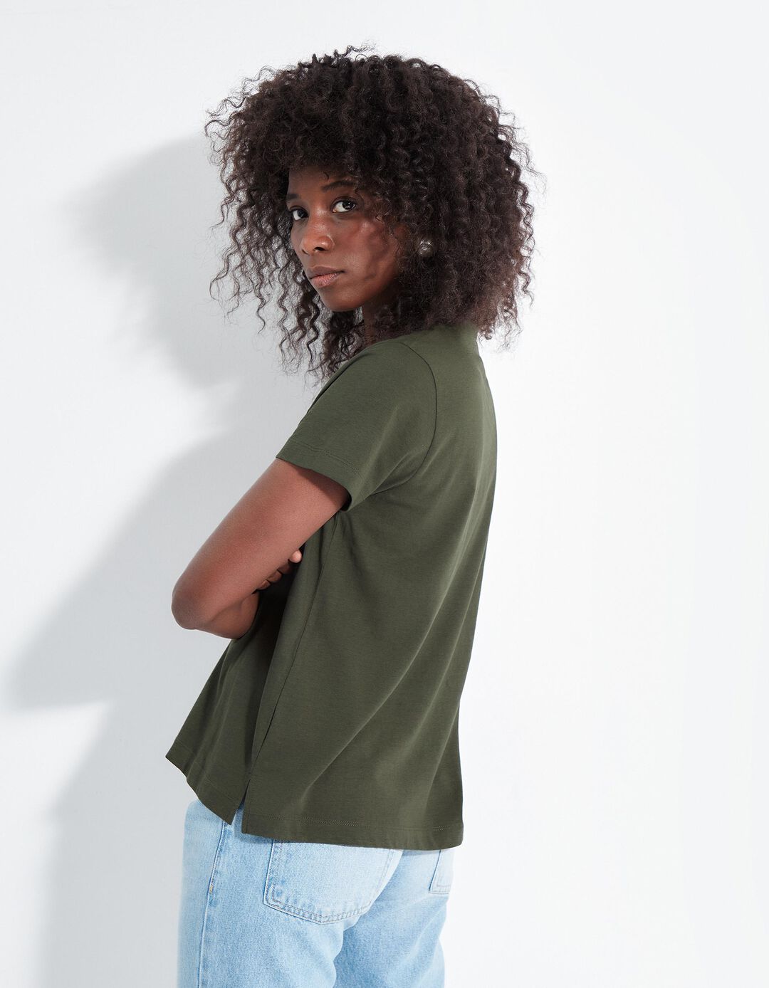 T-shirt Decote em V, Mulher, Verde Escuro
