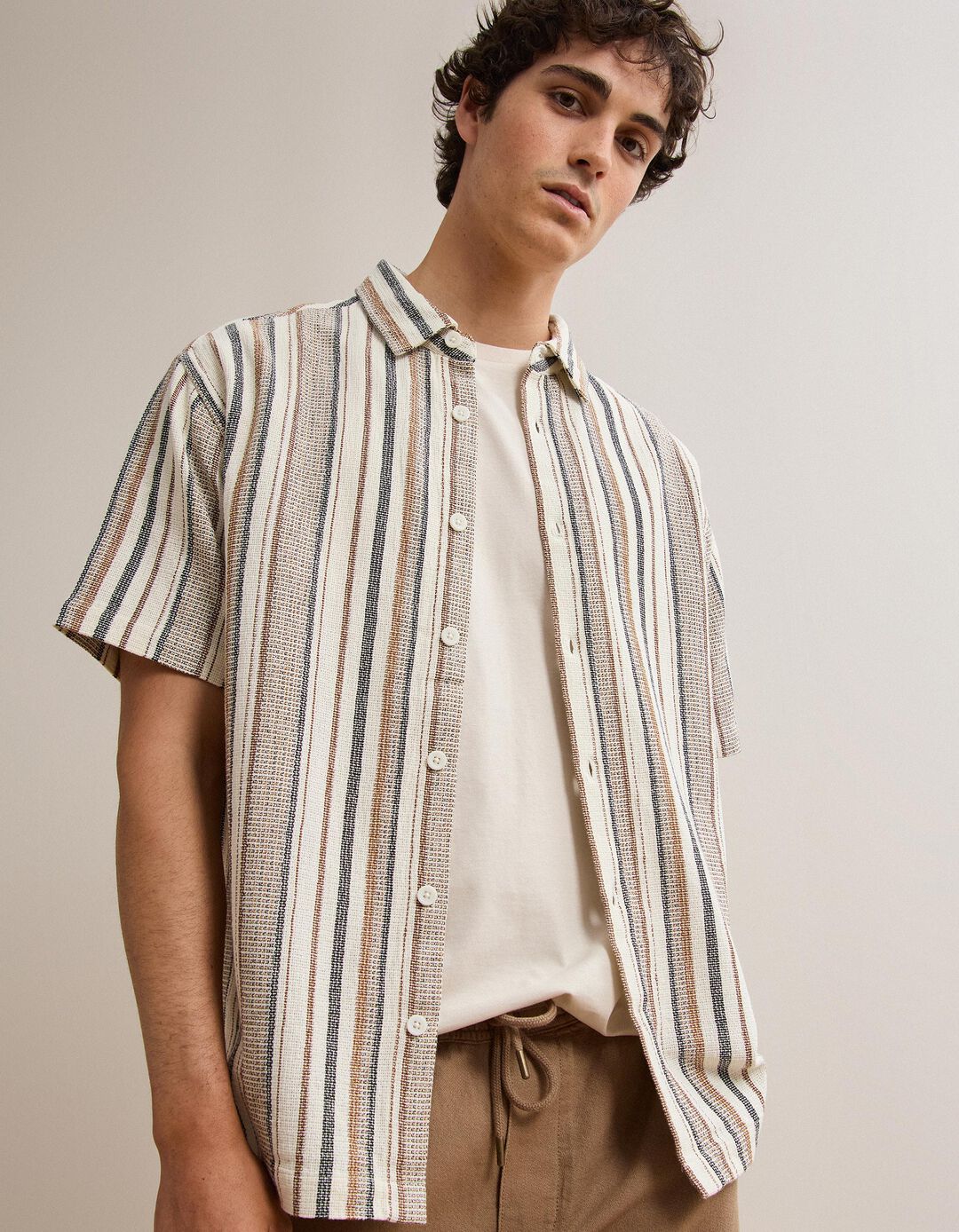 Camisa Riscas, Homem, Bege