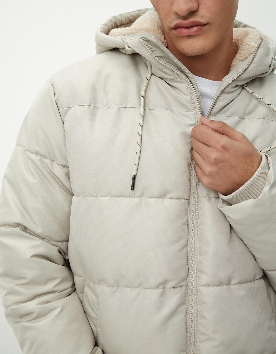 Casaco Acolchoado Capuz Interior Sherpa, Homem, Bege Claro