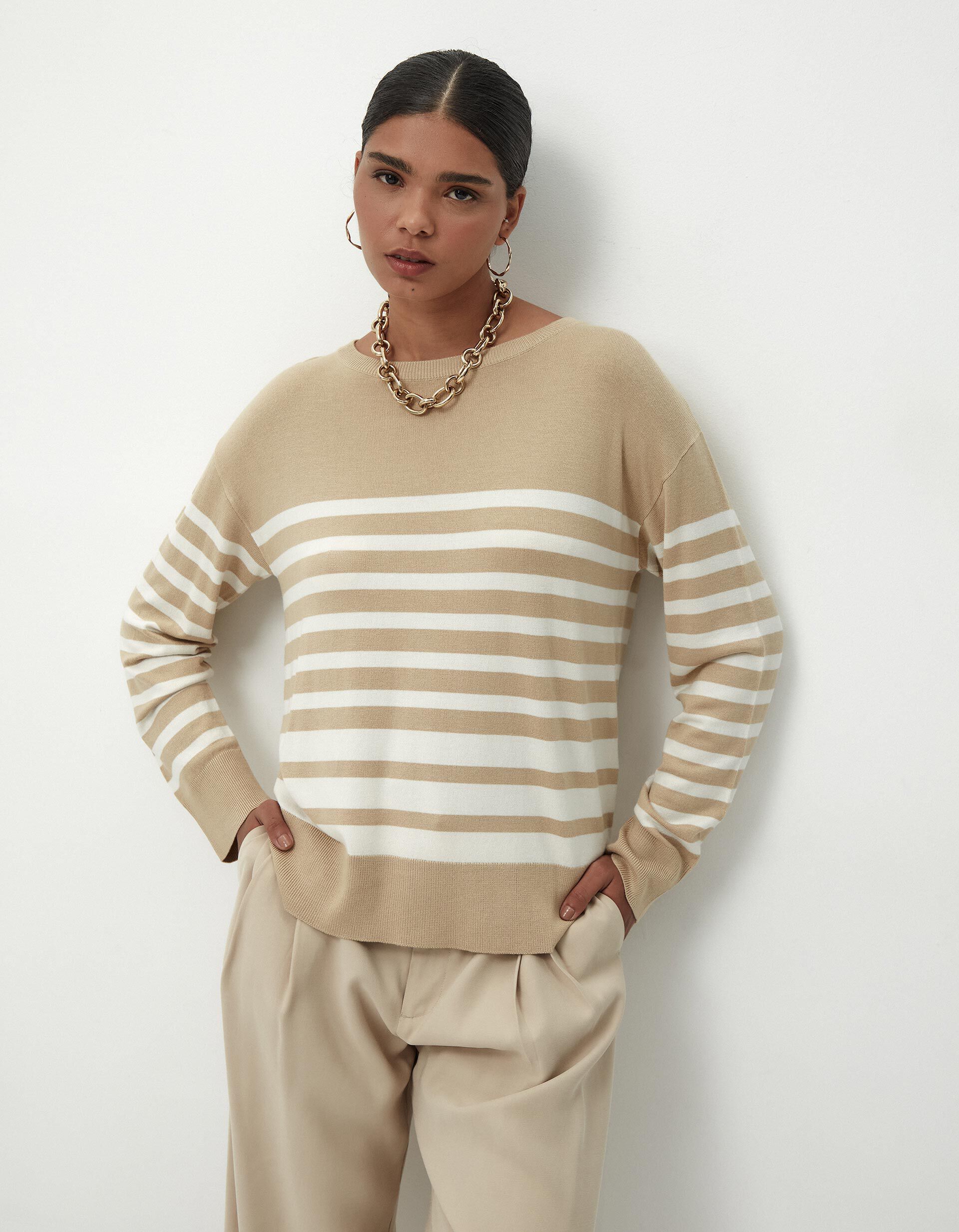 Comprar Online Camisola de Malha Riscas Decote Redondo, Mulher, Bege Escuro