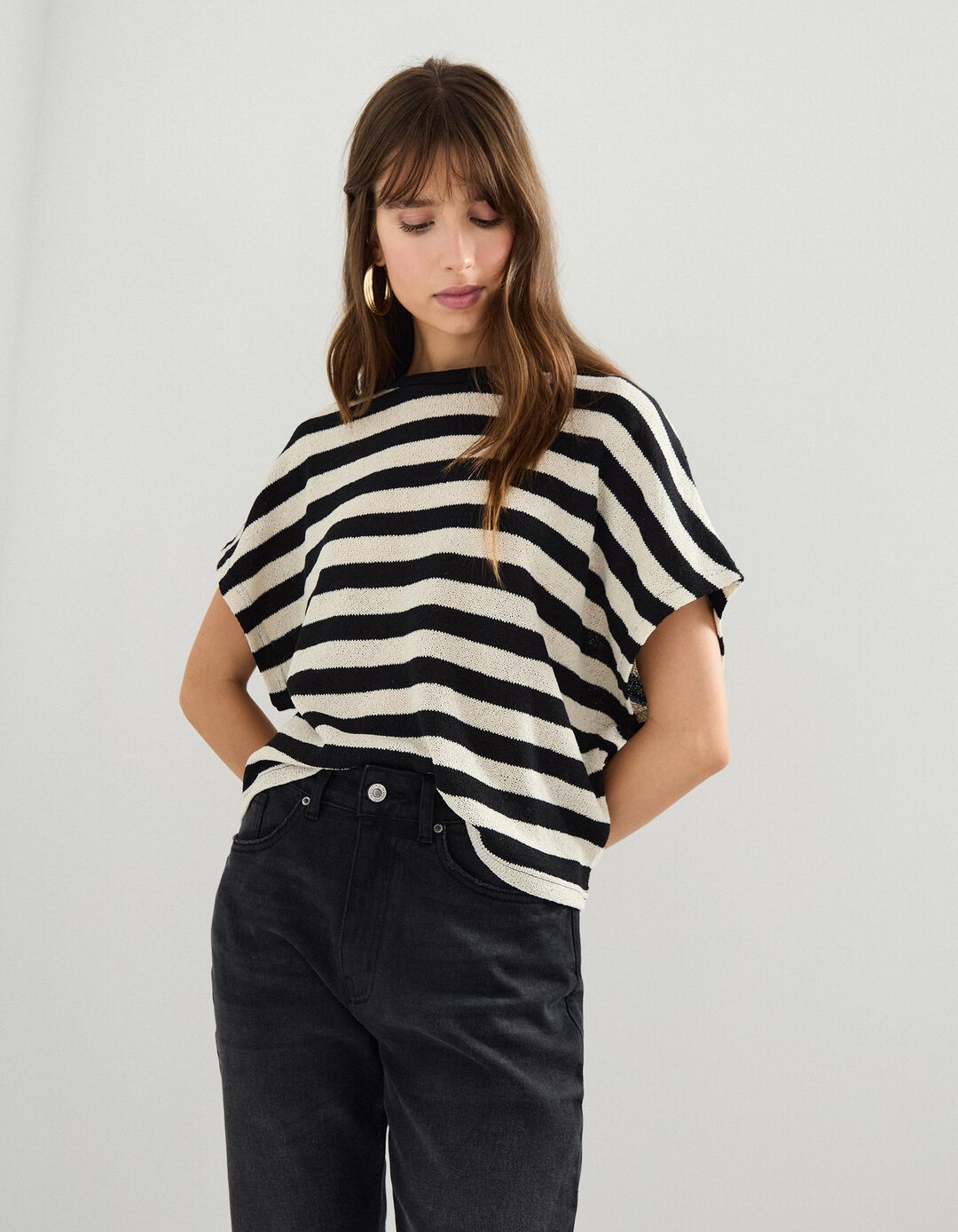 T-shirt de Riscas, Mulher, Preto