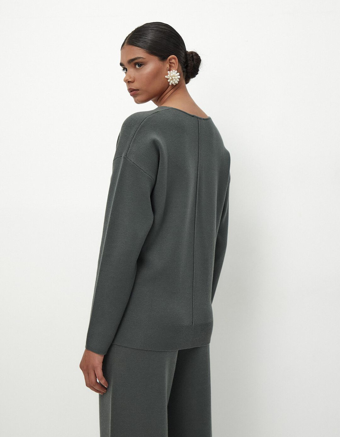 Camisola de Malha Decote em V, Mulher, Cinzento Escuro