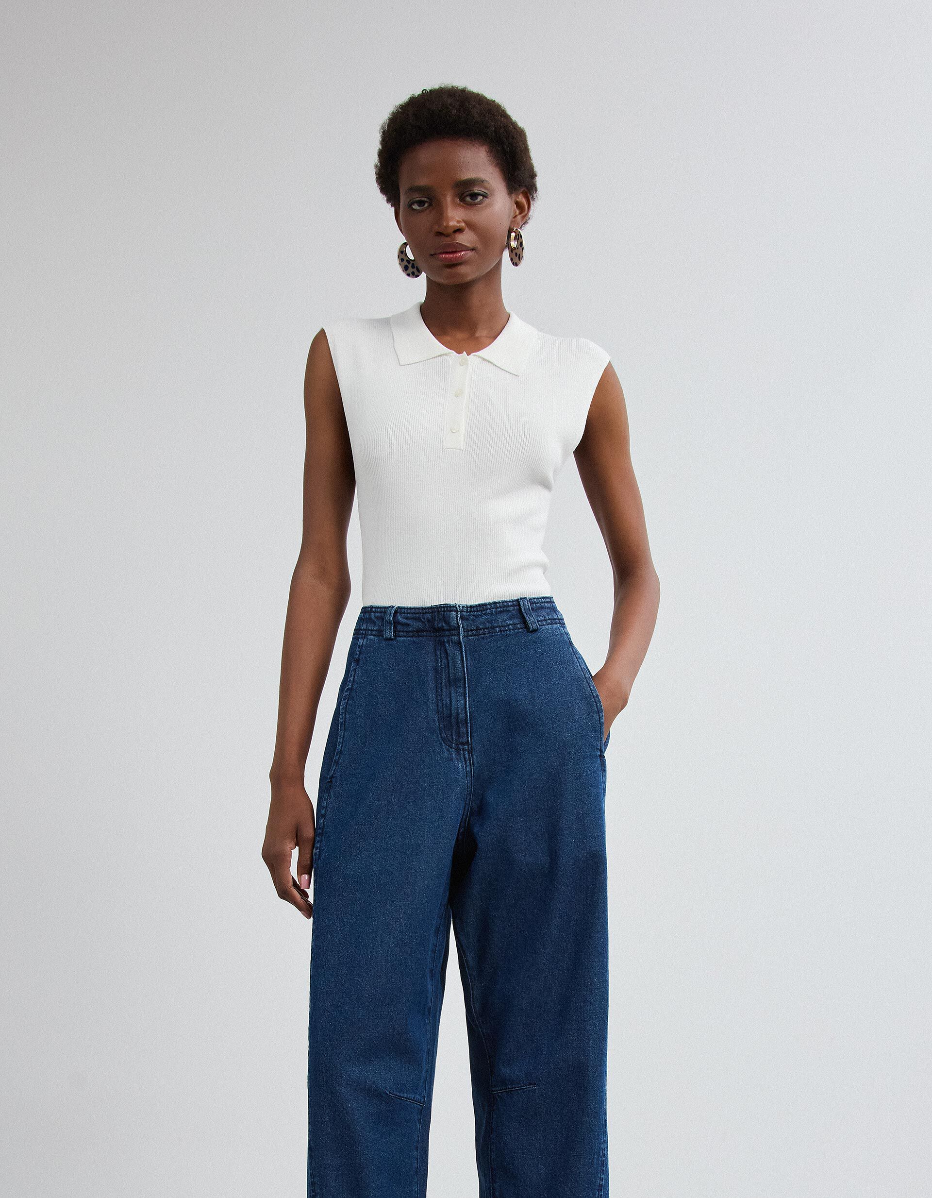 Comprar Online Top Tricotado Com Gola Polo, Mulher, Branco