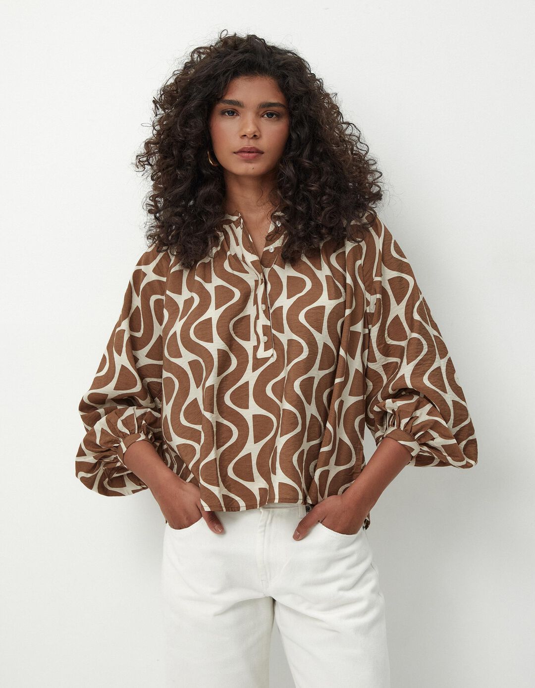 Blusa de Manga Comprida Estampada Botões, Mulher, Castanho Claro