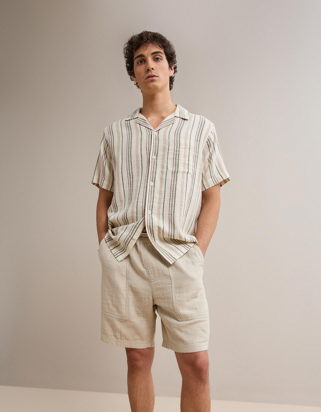 Camisa Riscas, Homem, Bege
