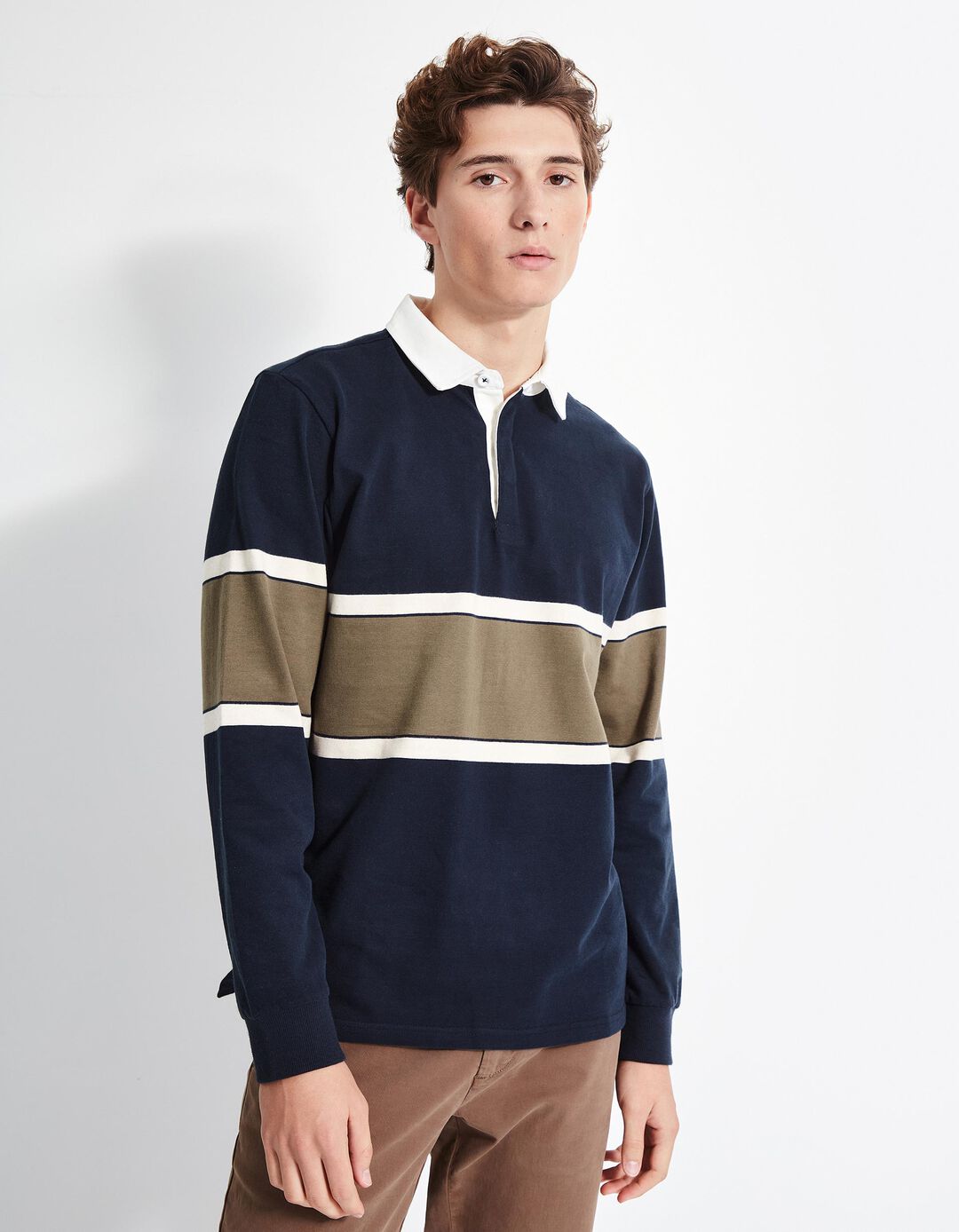 Polo de Manga Comprida Bloco Cor, Homem, Azul Escuro