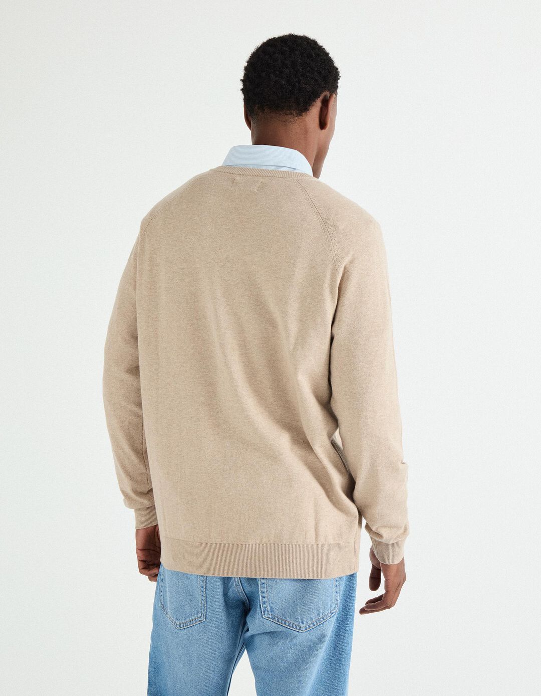 Camisola de Malha Decote em V, Homem, Bege Claro