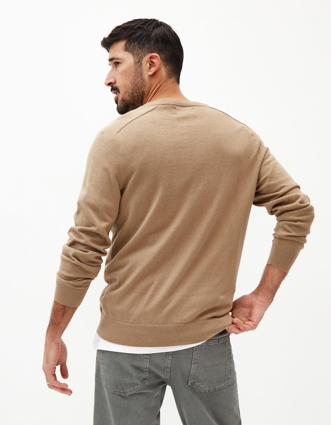 Camisola Mistura de Caxemira Decote em V, Homem, Bege