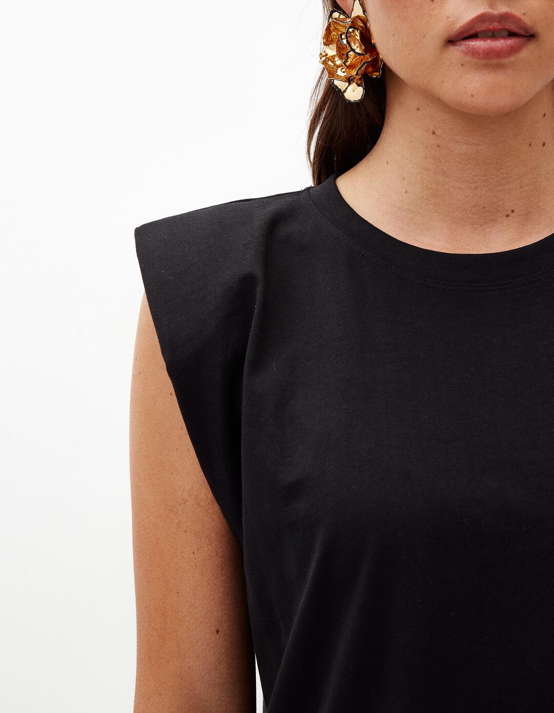 T-shirt com Ombreiras, Mulher, Preto