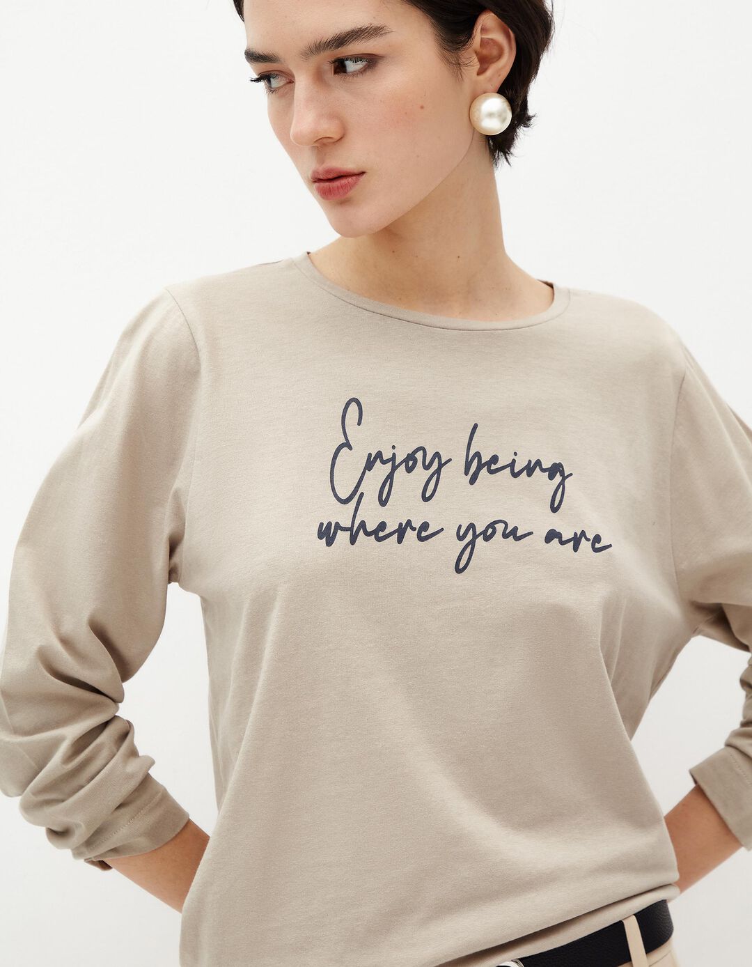 T-shirt de Manga Comprida Estampado, Mulher, Bege
