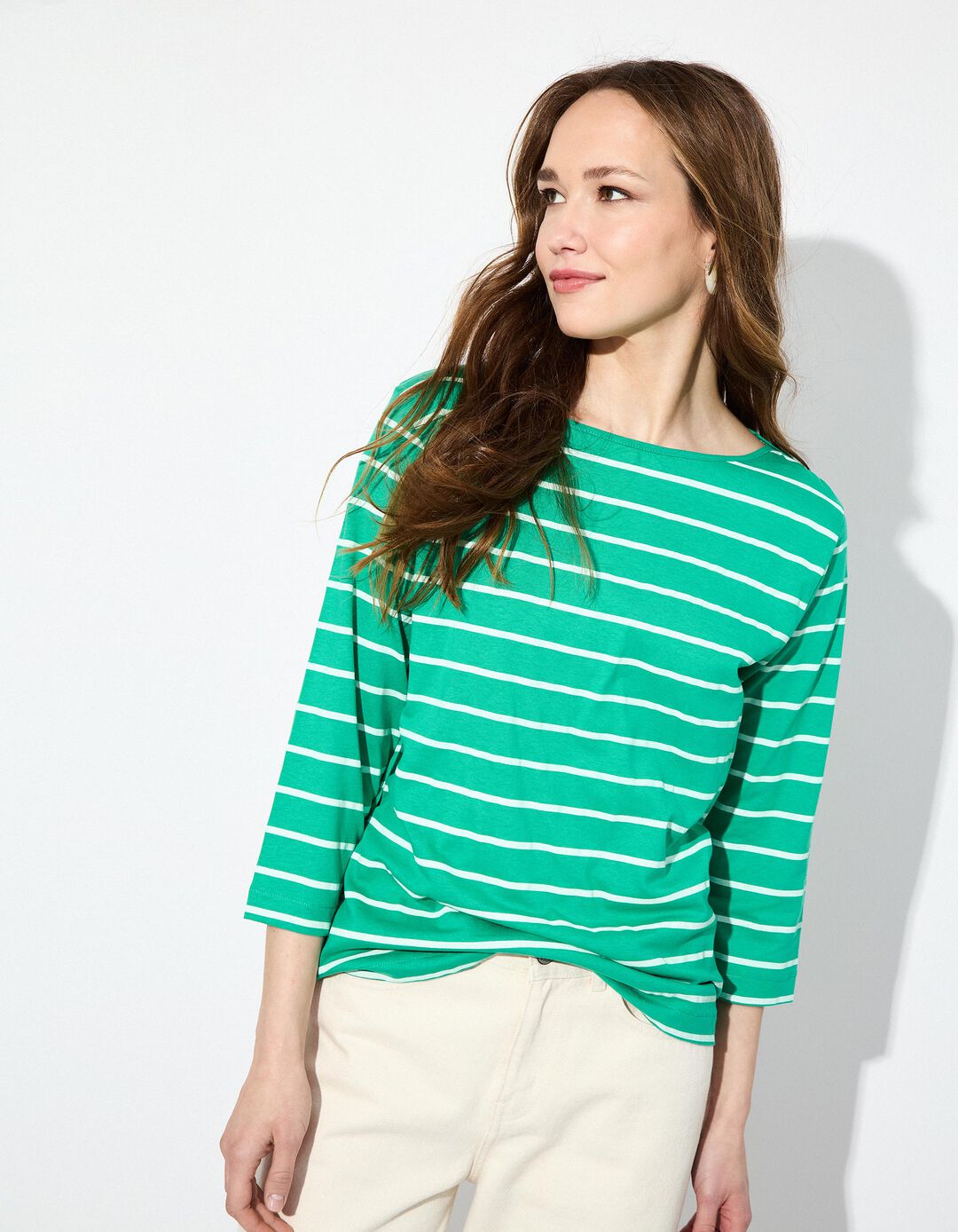 T-shirt de Manga Comprida Riscas, Mulher, Verde