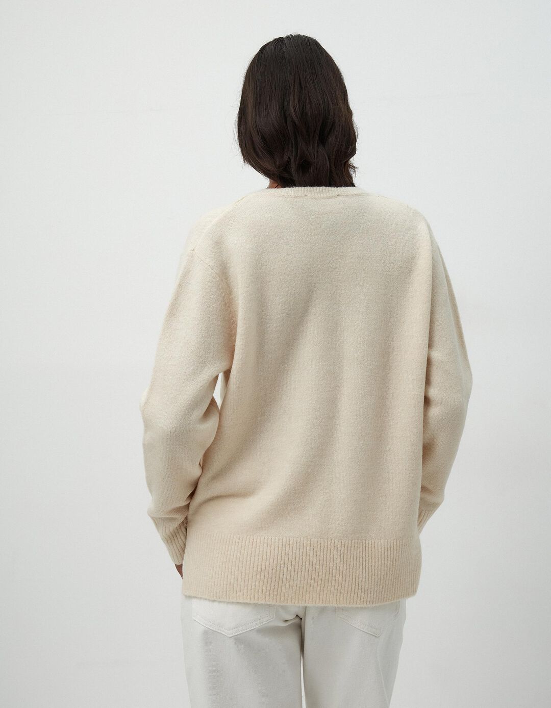 Camisola de Malha Decote em V, Mulher, Bege Claro