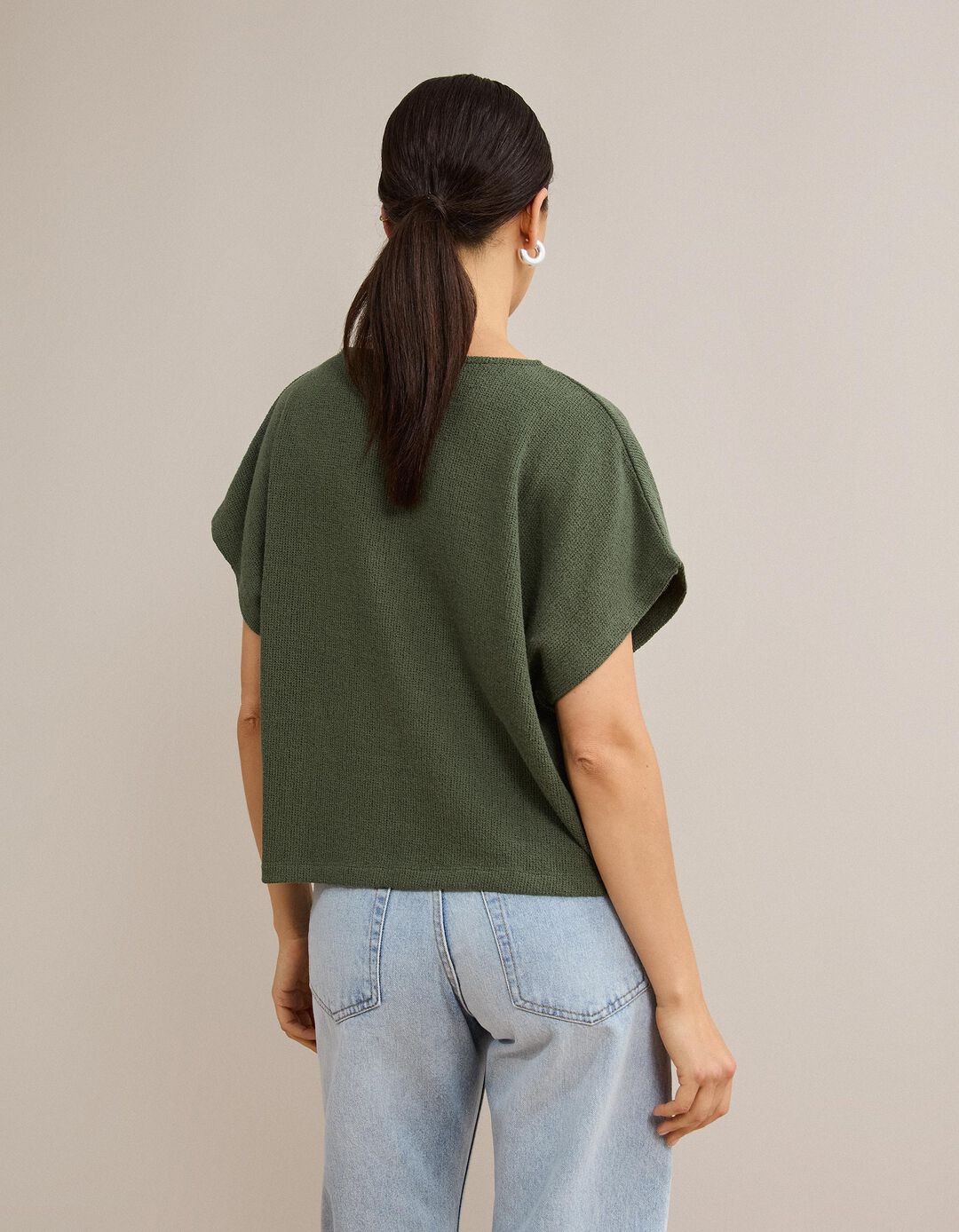 T-shirt Em Malha R&uacute;stica, Mulher, Verde Escuro