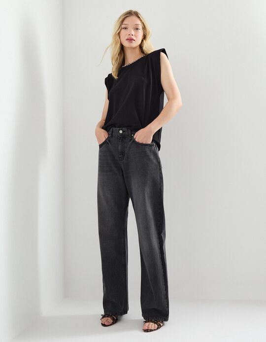 Comprar Online Calças de Ganga Wide Leg, Mulher, Cinzento 