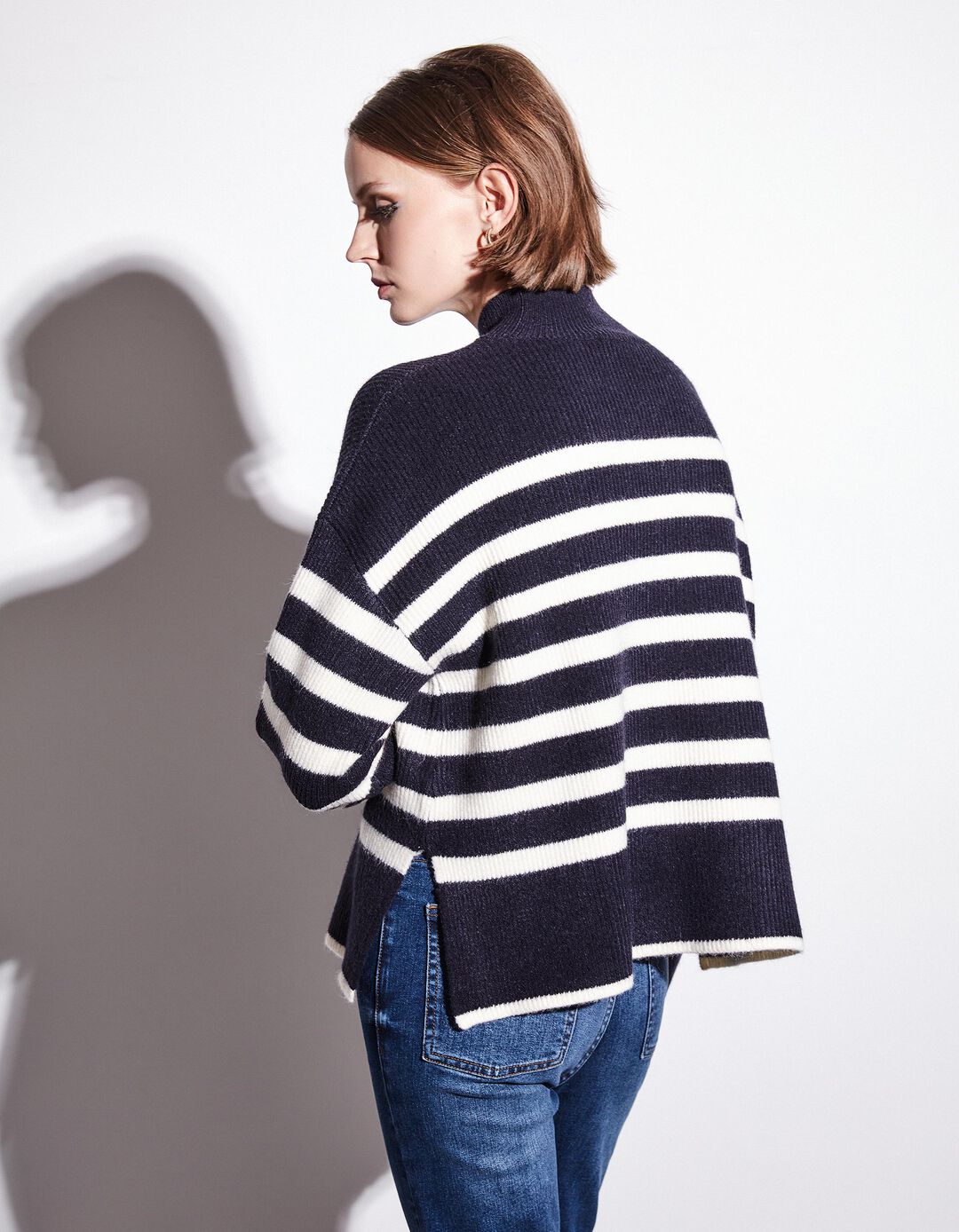 Camisola de Malha Riscas Gola Subida, Mulher, Azul Escuro