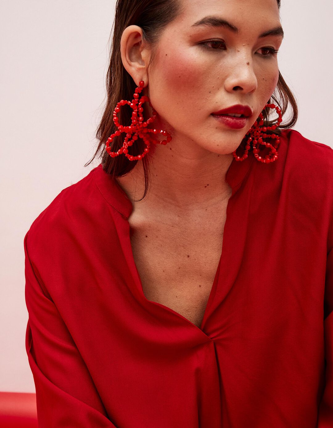 Blusa Decote em V, Mulher, Vermelho Escuro