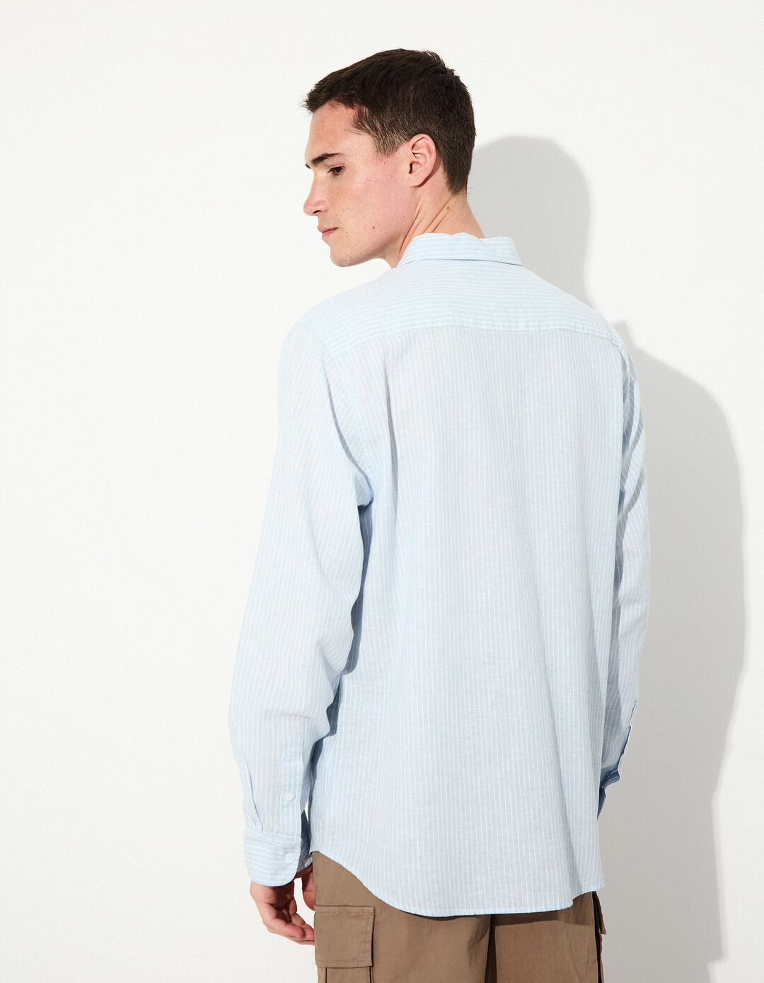 Camisa Riscas com Linho, Homem, Azul Claro